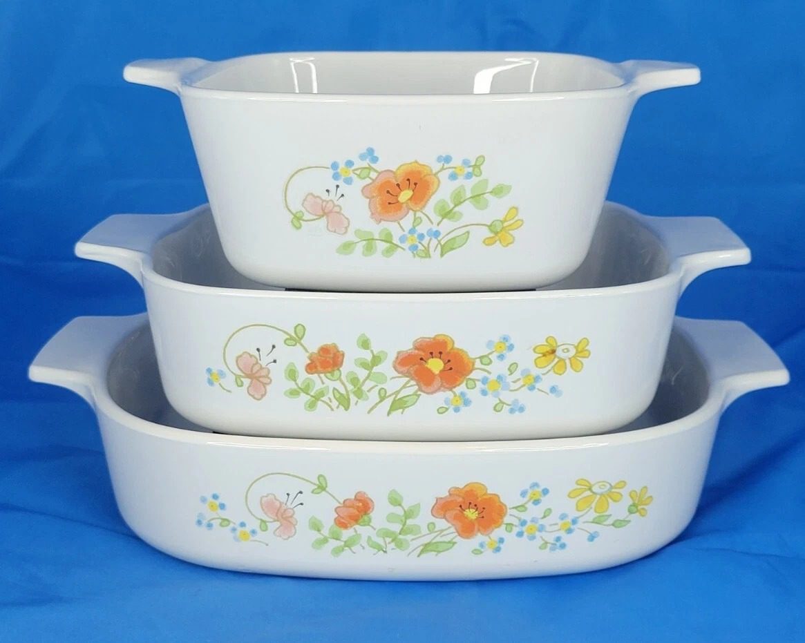 Set Of 3 Corning Ware Wildflower Poppy Pattern P43b, A1b, A8b Casserole Dish