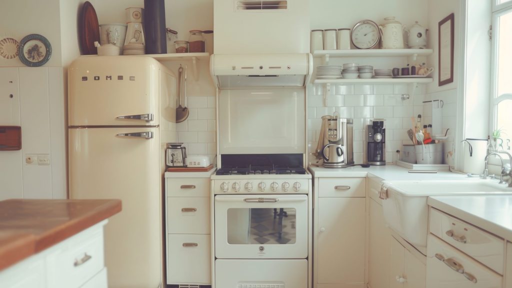 Cozy vintage kitchen with retro appliances and minimalist design