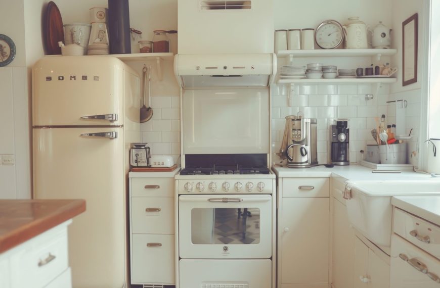Cozy vintage kitchen with retro appliances and minimalist design