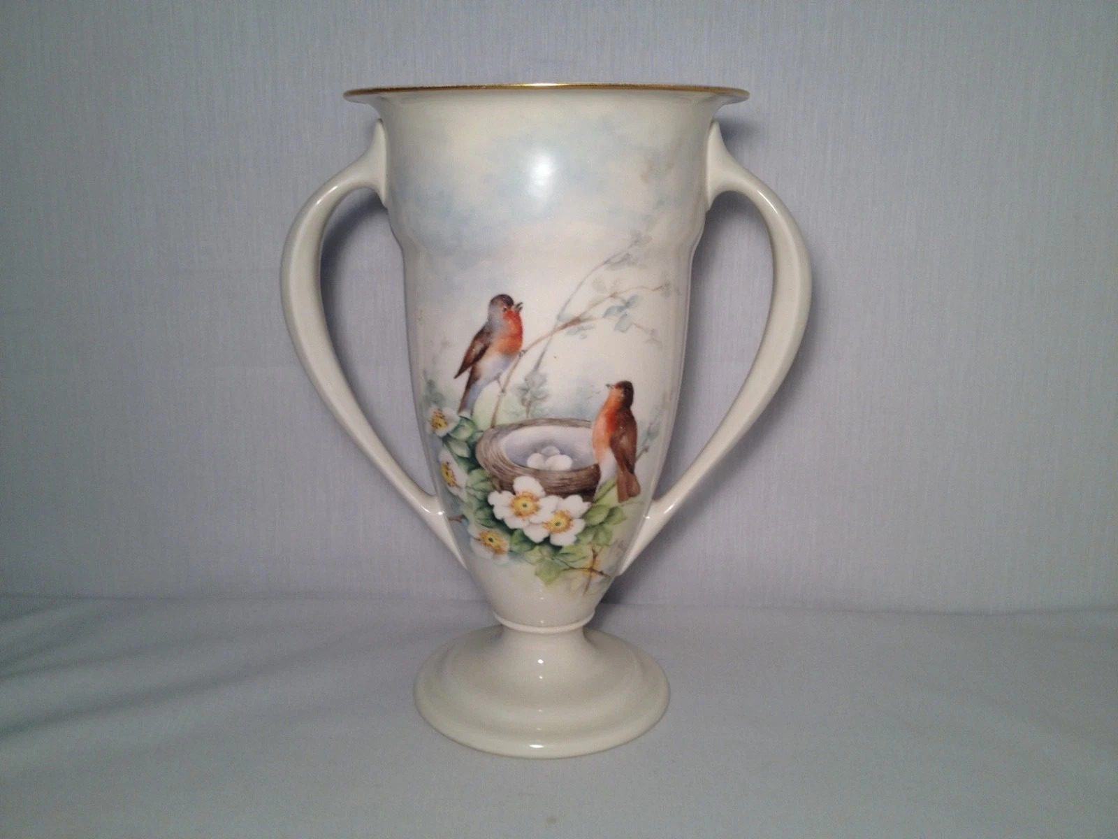 Beautiful Early Lenox Belleek Artist Signed Handled Vase w/ Birds & Florals