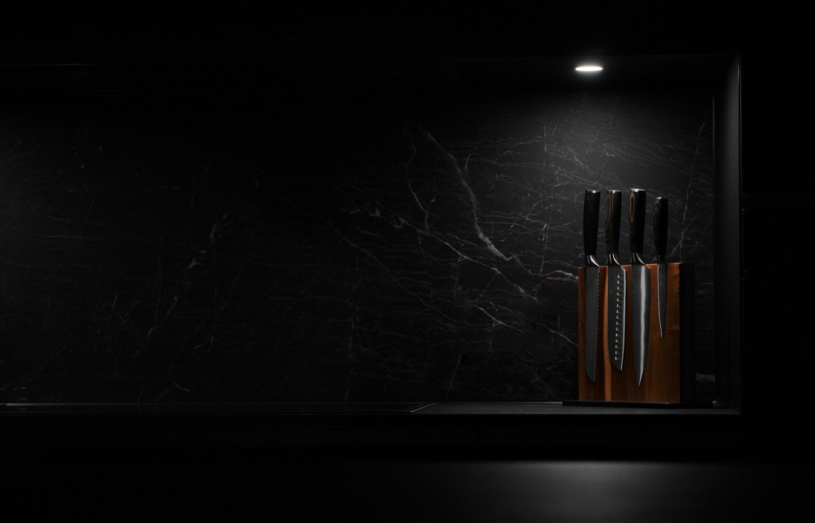 a dark room with a bunch of knives in it