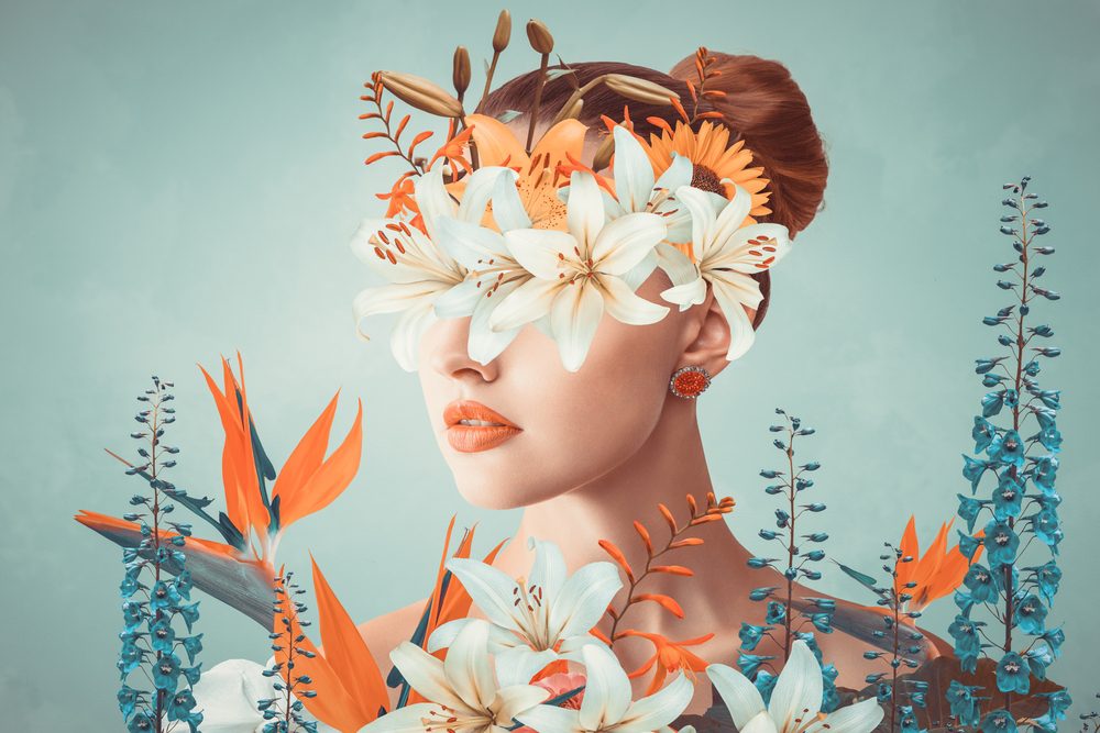 Abstract contemporary art collage portrait of young woman with flowers on face hides her eyes