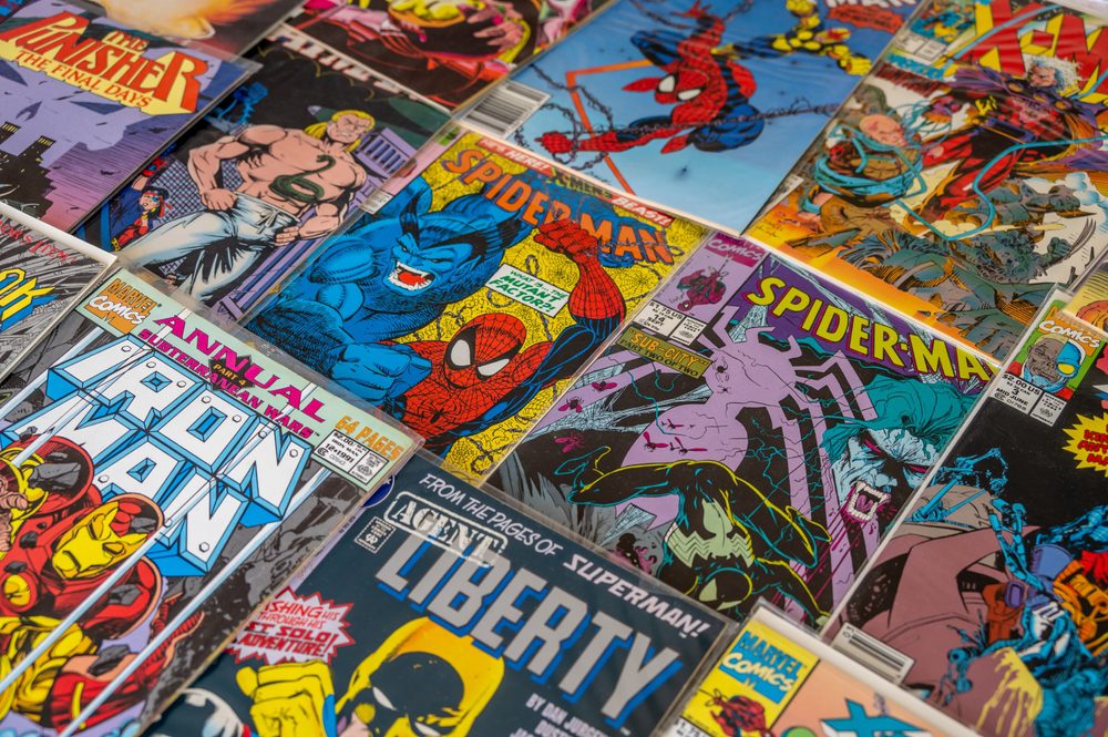 Vintage comic book collection showing comic book covers,