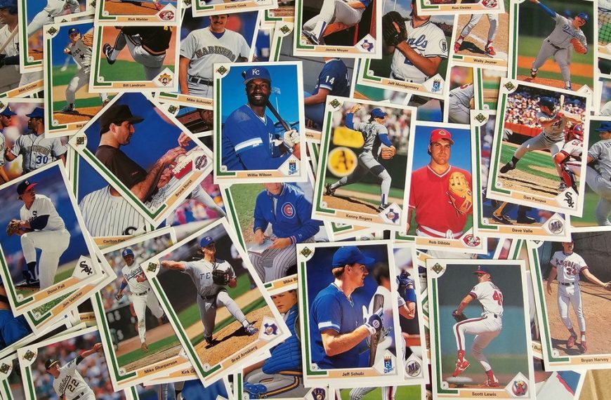 A top down view of a large assortment of baseball cards.