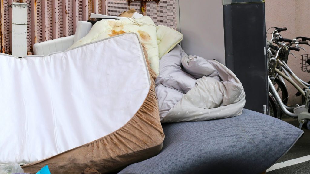 old mattress, worn-out bed, storage unit mattress