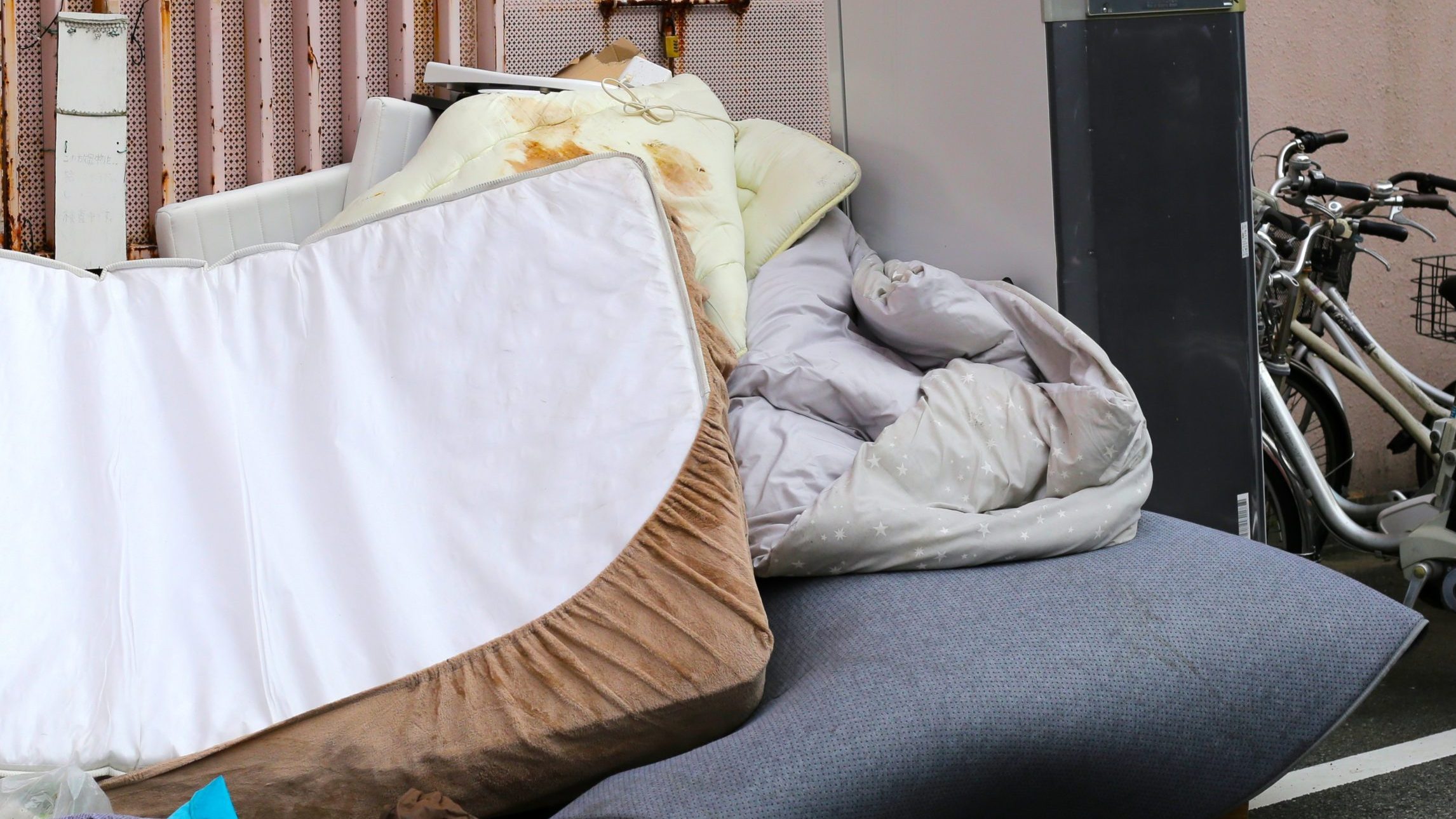 old mattress, worn-out bed, storage unit mattress