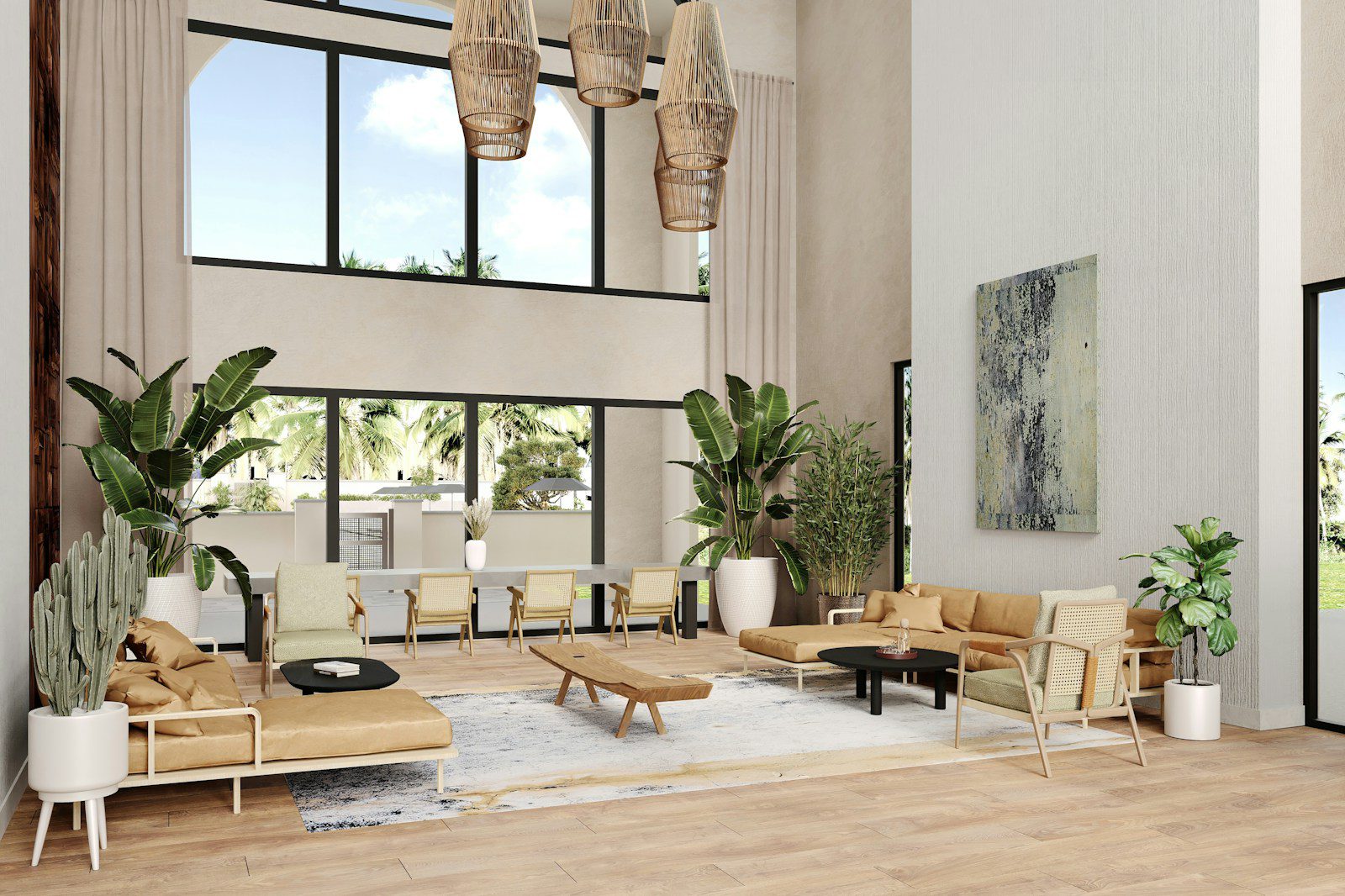 A luxurious living room with high ceilings.