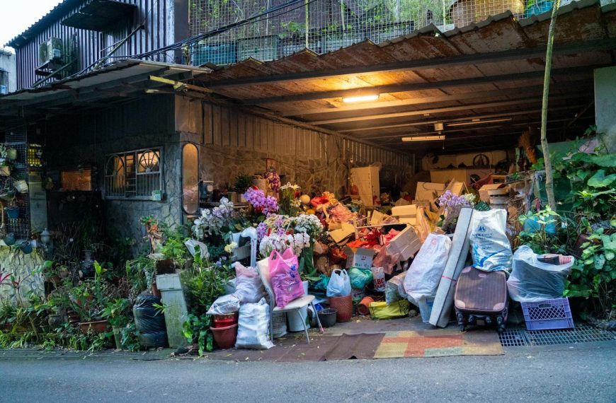 A garage filled with various household items, plants, and clutter overflowing onto the street.