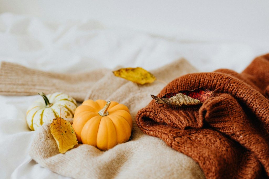 Warm autumn scene with pumpkins on knitted blankets, captured in soft natural light.