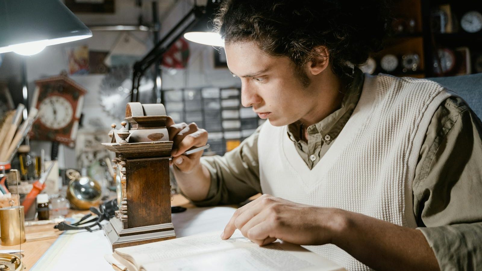 Focused young watchmaker meticulously working on a clock repair in a cluttered workshop.