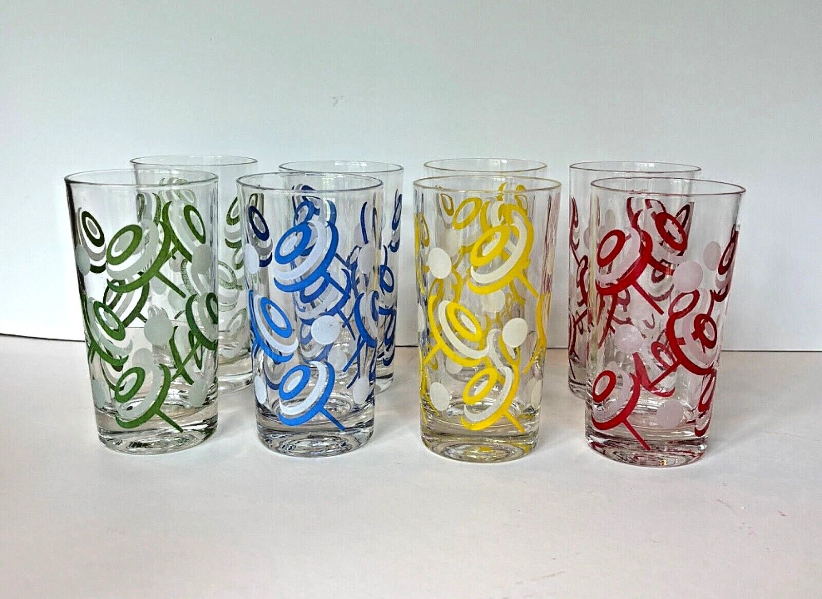 MCM Atomic Barware Set 8 Glasses & Caddy Federal Glass Red Green Blue Yellow 60s