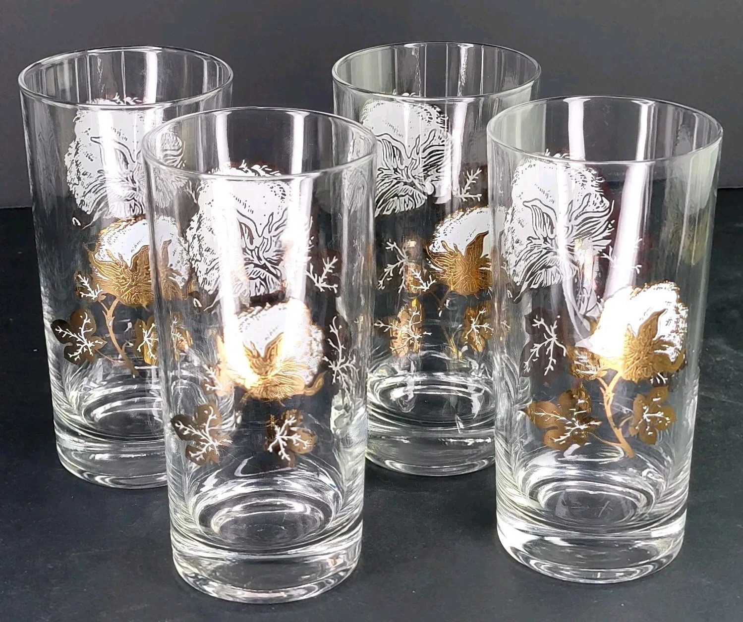 Rare Vintage Set Of 4 Culver Cotton Boll Gold Highball Glasses Barware MCM