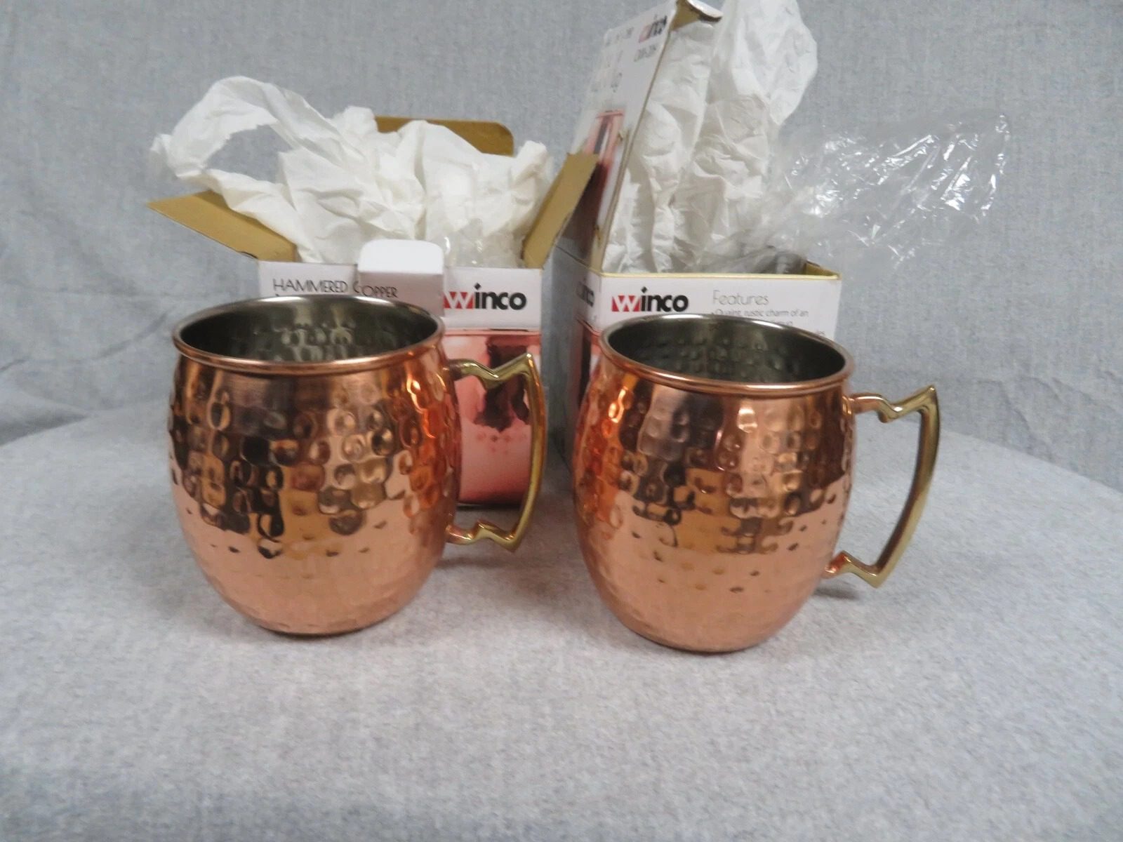 Winco Moscow Mule Mugs w/Brass Handle Hammered Copper Set of 2 New