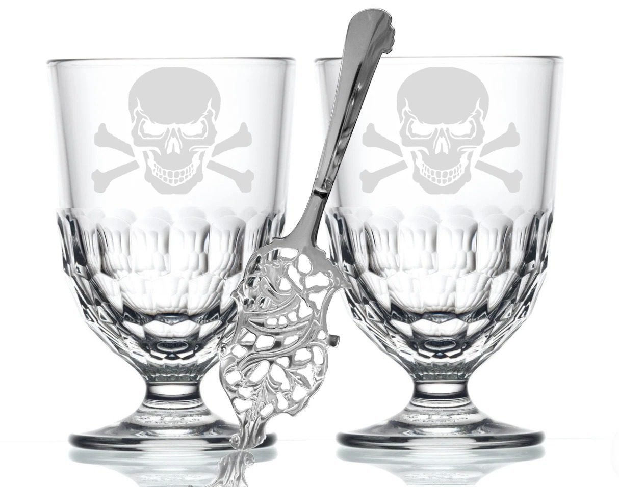 2 French Etched Skull Absinthe Glasses & Spoon Set - Shot