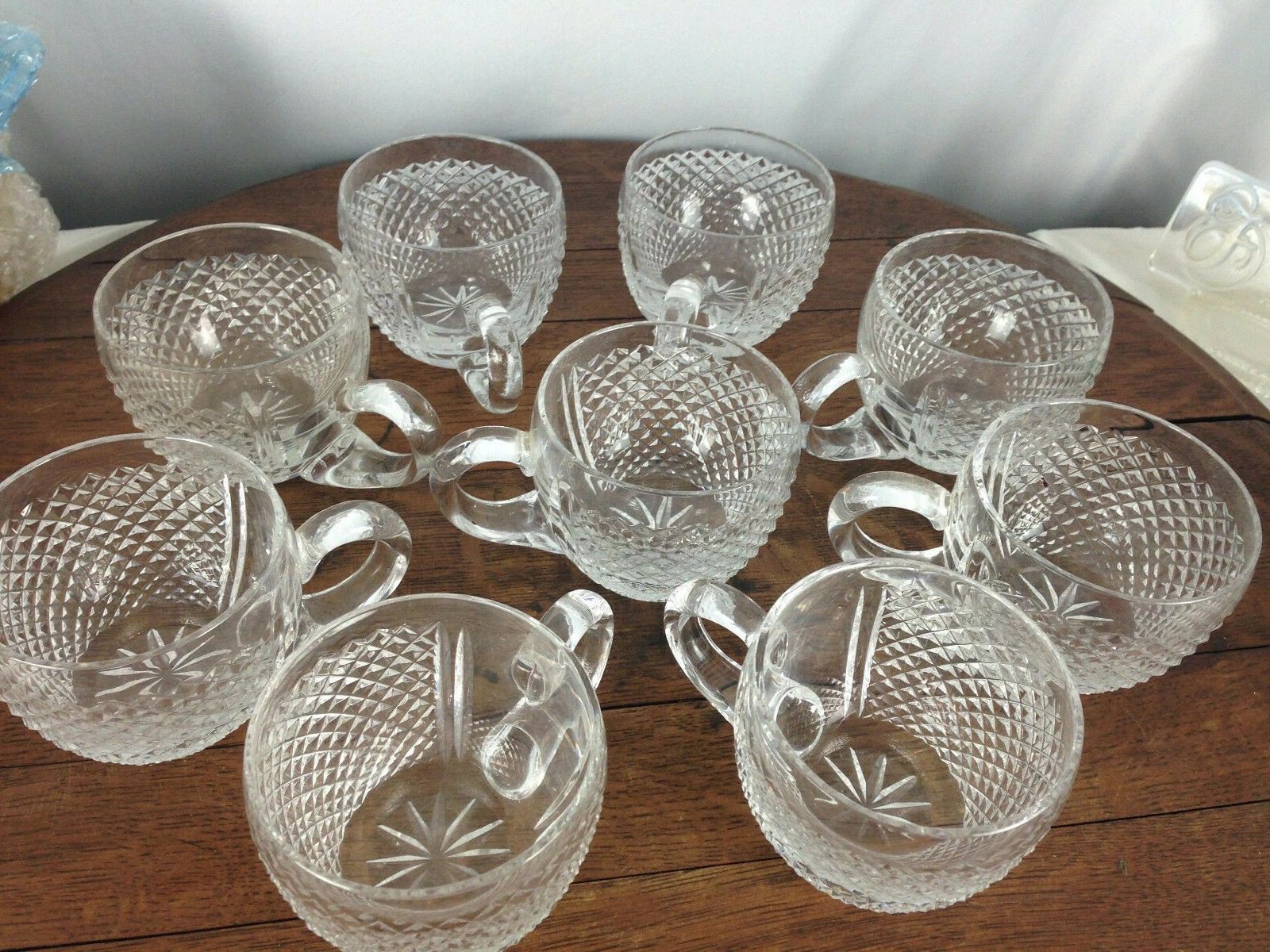VINTAGE SET OF 9 CRYSTAL PUNCH BOWL GLASSES DIAMOND PATTERN #WH-1