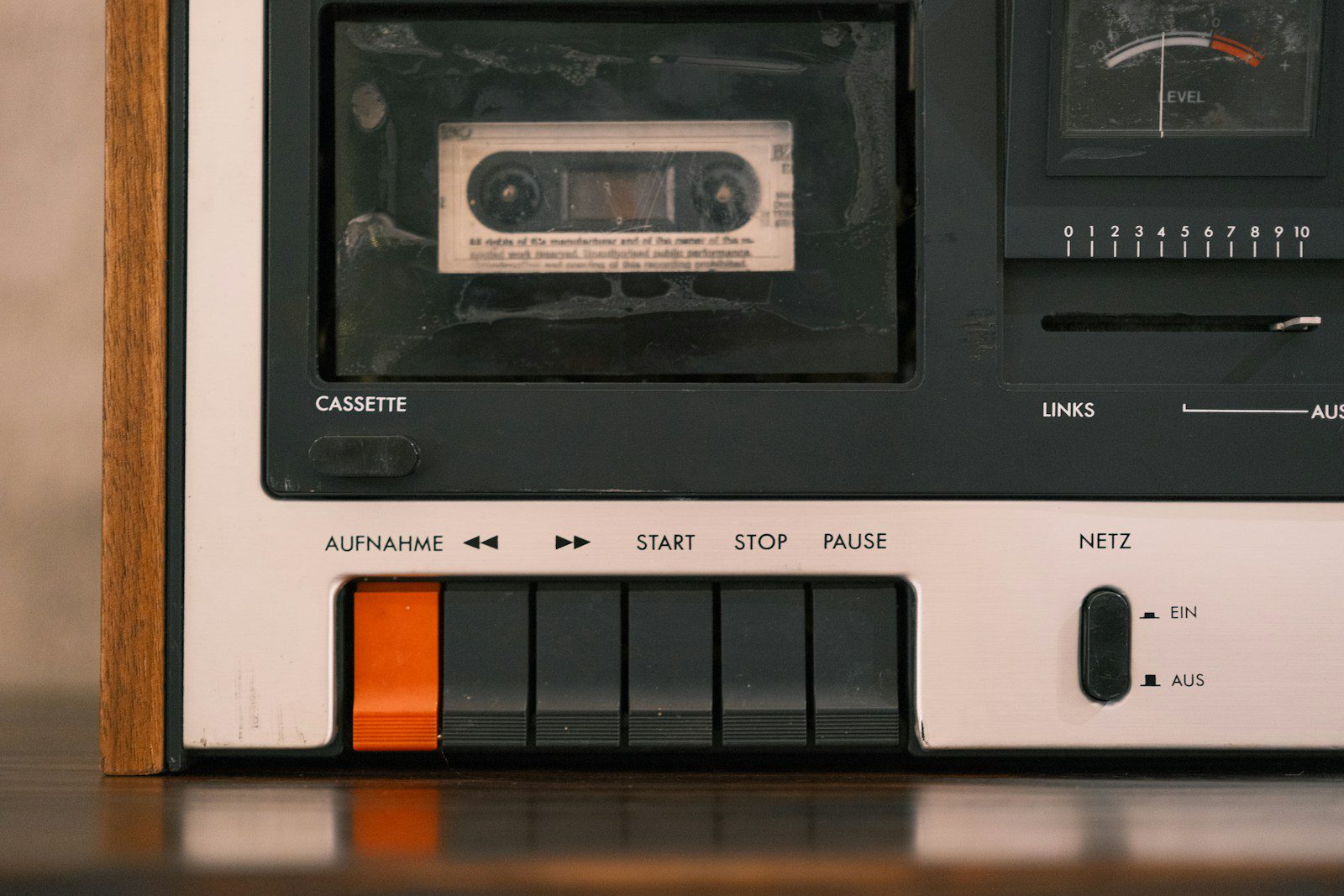 Cassette player shows a retro audio device.