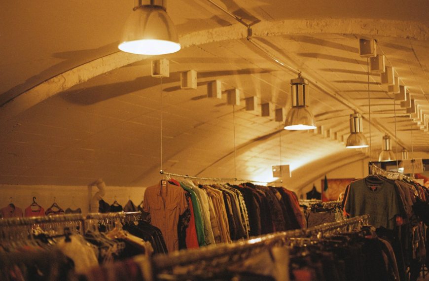 a store filled with lots of clothes and lights