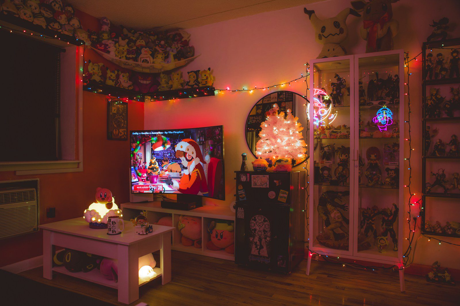 A living room decorated with christmas lights and decorations