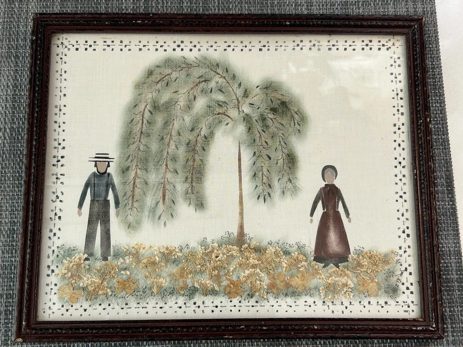 LOOK~Vintage American Folk Art Painting on Linen with Pressed Flowers ~ Signed