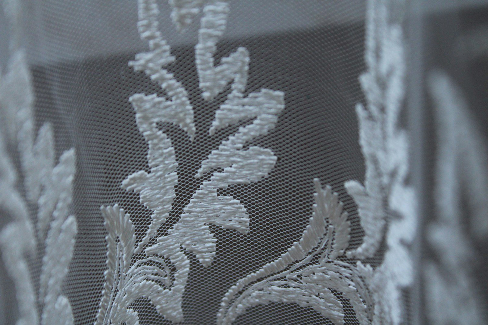 A close up of a window with white lace on it