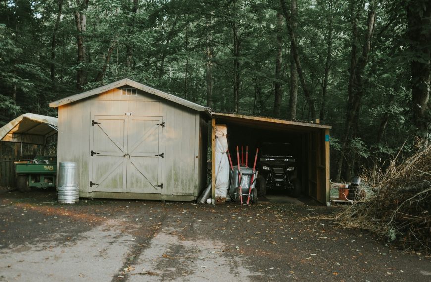 a shed with a door open in the middle of a forest