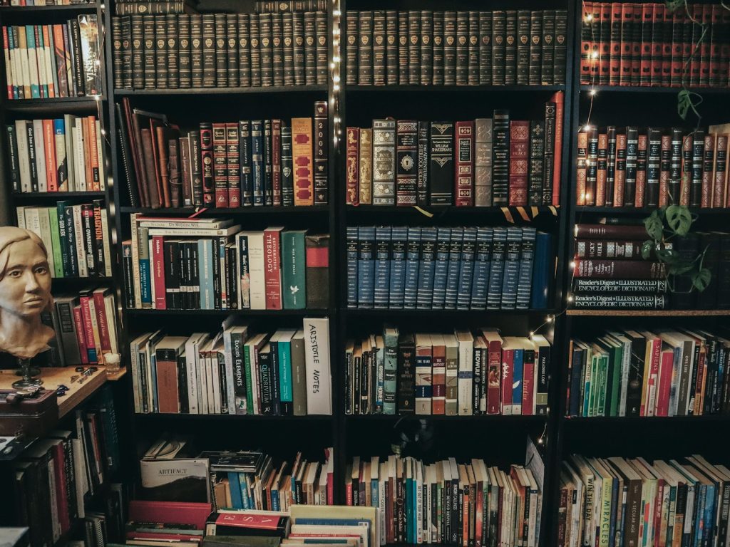 Tall bookshelves filled with many books