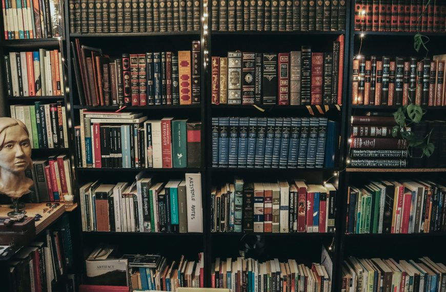 Tall bookshelves filled with many books