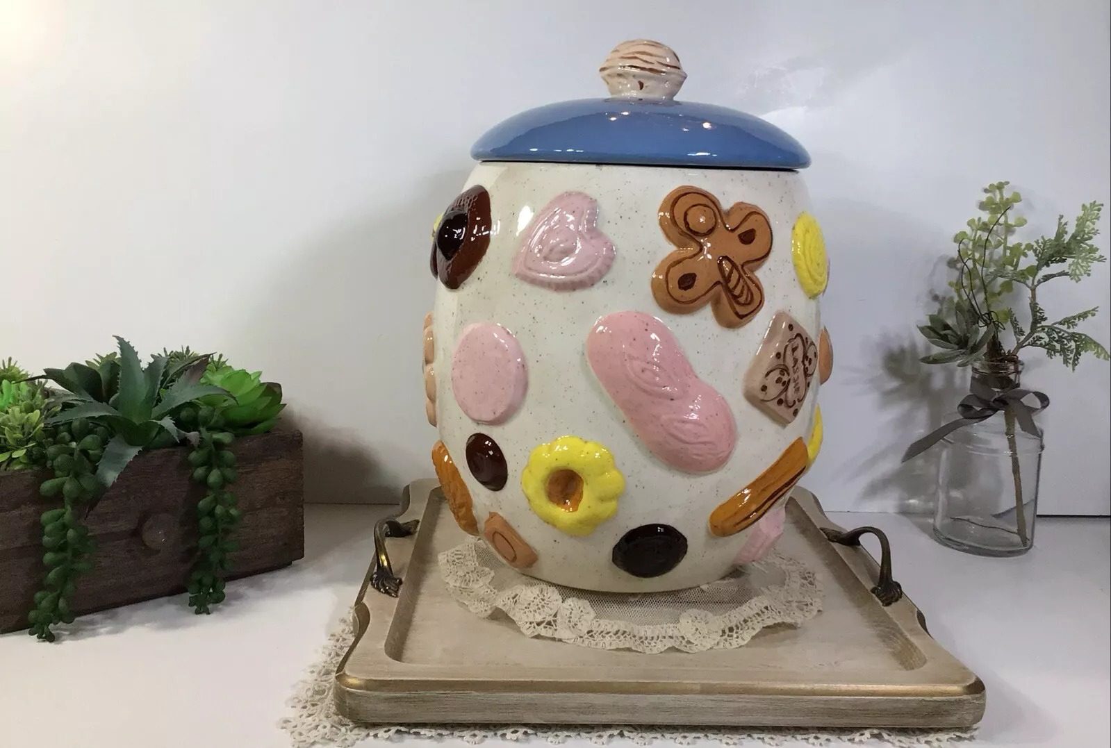 Vintage COOKIES ALL OVER Cookie Jar~1970’s~Nut Top~Blue Lid~12”~UNIQUE