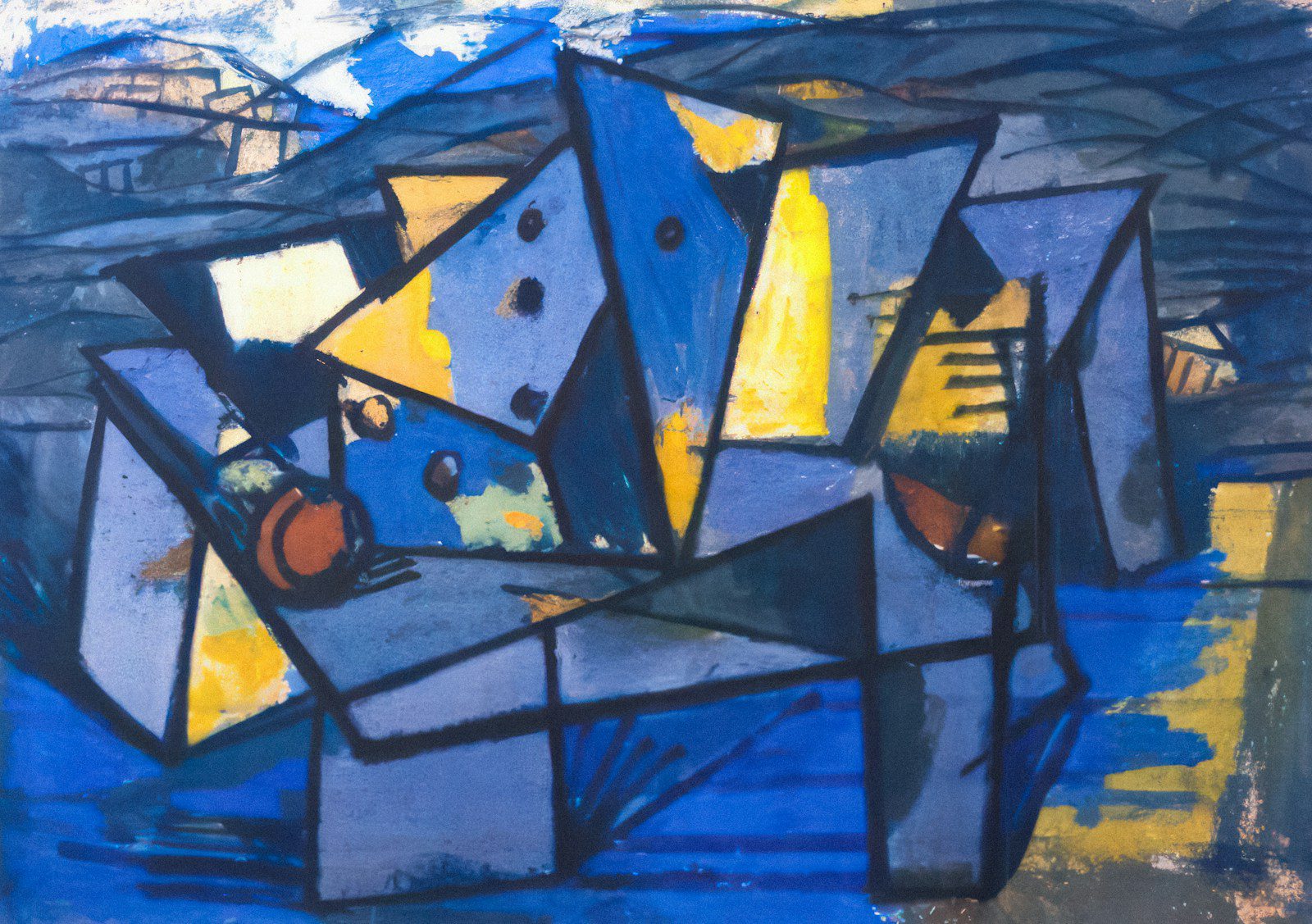 a painting of blue and yellow shapes