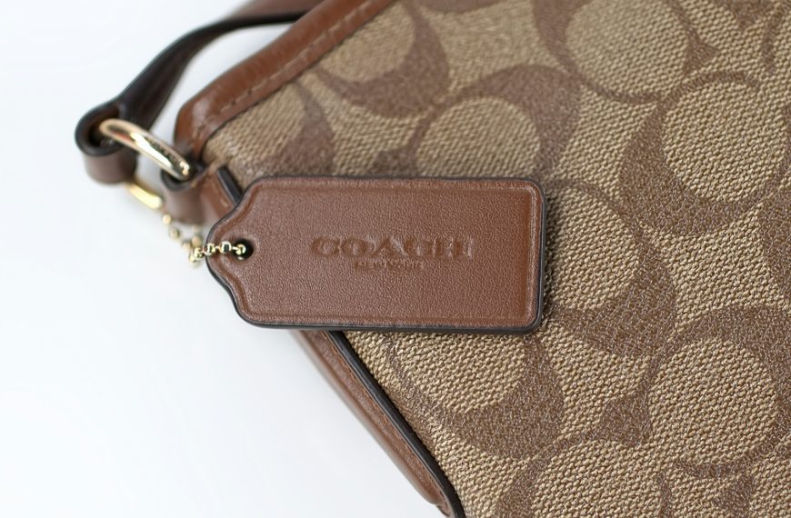 a close up of a brown coach purse