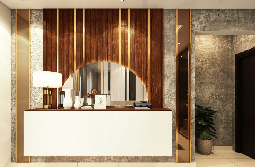 a reception area with a counter and a mirror