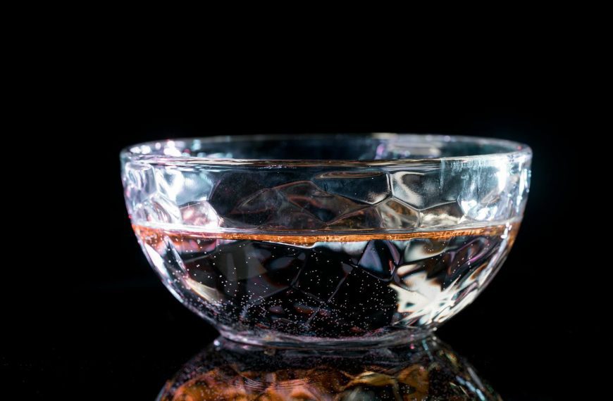 Elegant crystal glass bowl filled with water, highlighted against a dark backdrop.