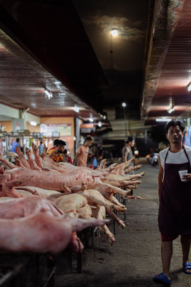 Showcasing a butcher's display of pigs at a lively night market, vibrant atmosphere.