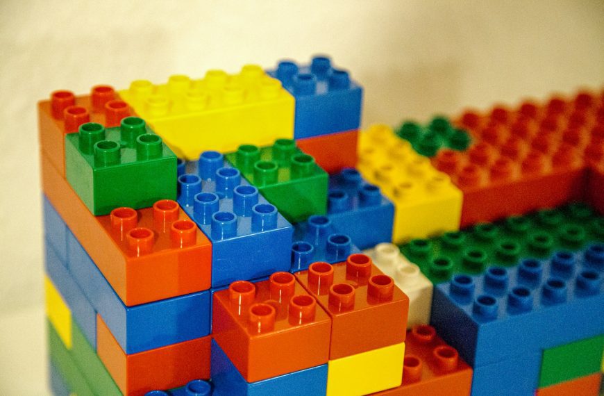 a stack of legos sitting on top of a table