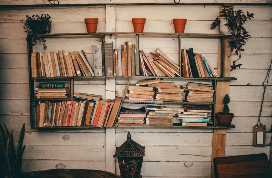 Rustic bookshelf in cozy Dalat, Vietnam interior with books and plants.