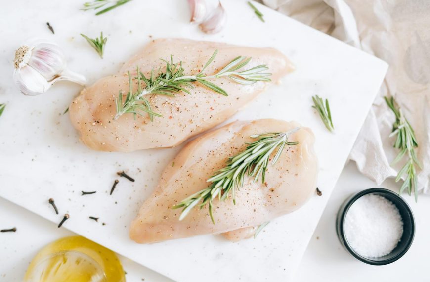 Top-down view of fresh raw chicken breast garnished with rosemary and garlic.