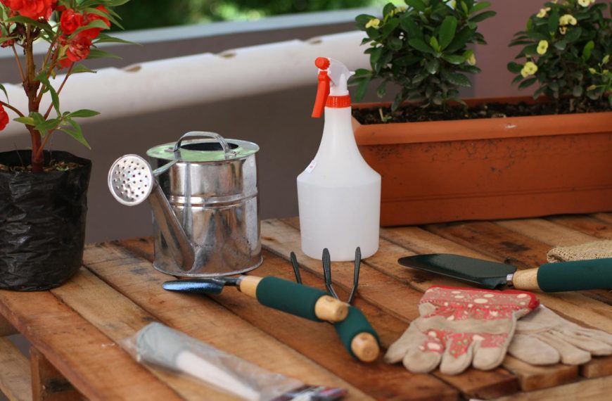 A collection of gardening tools and plants on a wooden table, ideal for gardening enthusiasts.