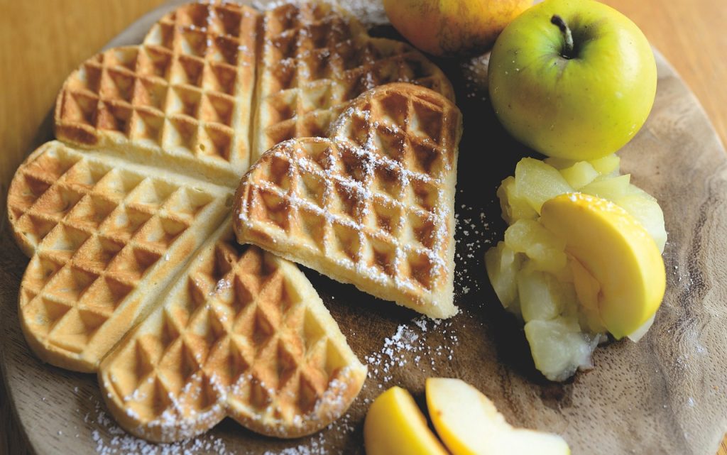 waffle, breakfast, heart, food, waffle hearts, powdered sugar, sweet dish, apples, waffle, waffle, waffle, waffle, waffle, food, food
