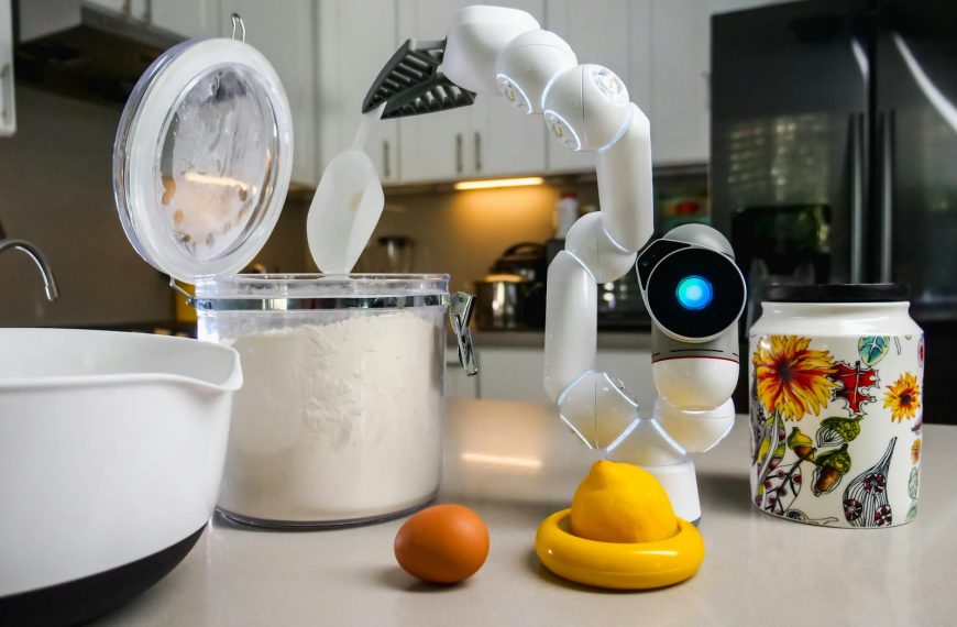 A futuristic kitchen robot assists with ingredients on a countertop.