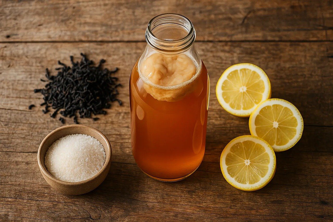 kombucha, drink, fermentation, ferment, bottle, healthy, tea, beverage, fermented, glass, food, ai generated