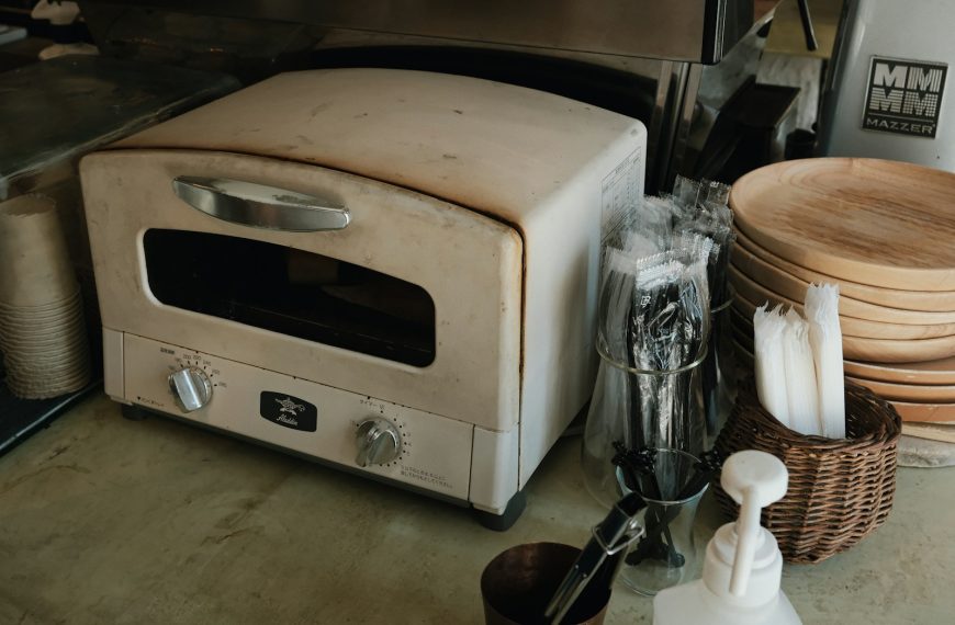 A toaster oven sitting on top of a counter