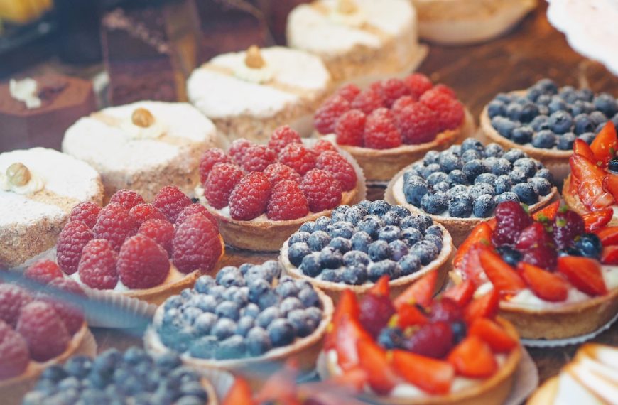 pastries in display cabinet