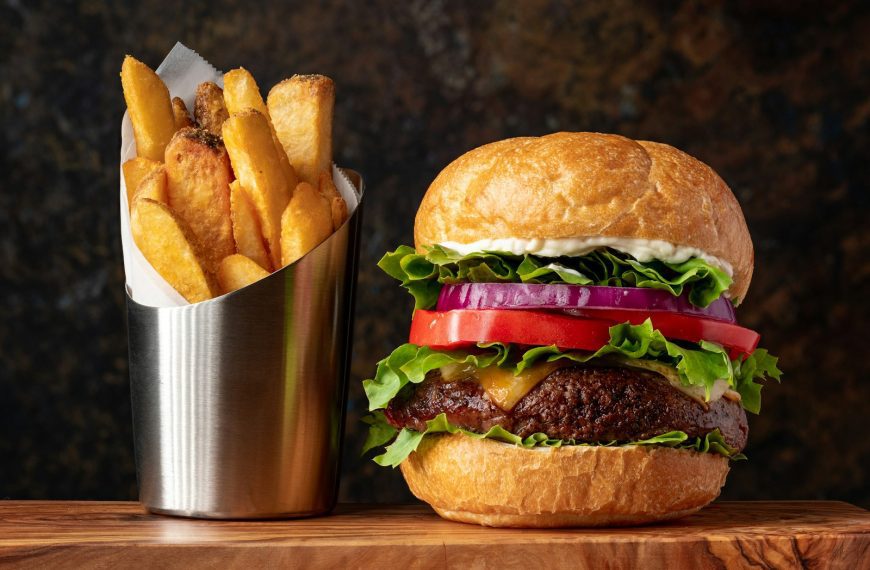 burger with lettuce and fries
