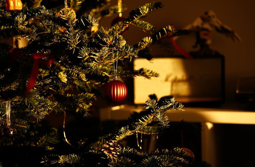 a close up of a christmas tree with ornaments