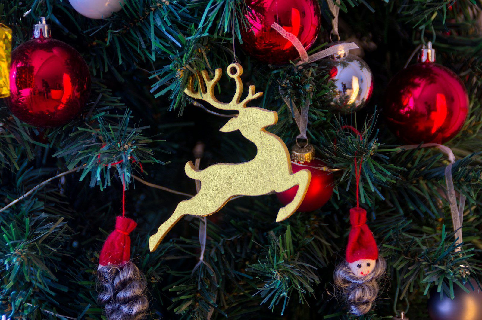 a close up of a christmas tree with ornaments