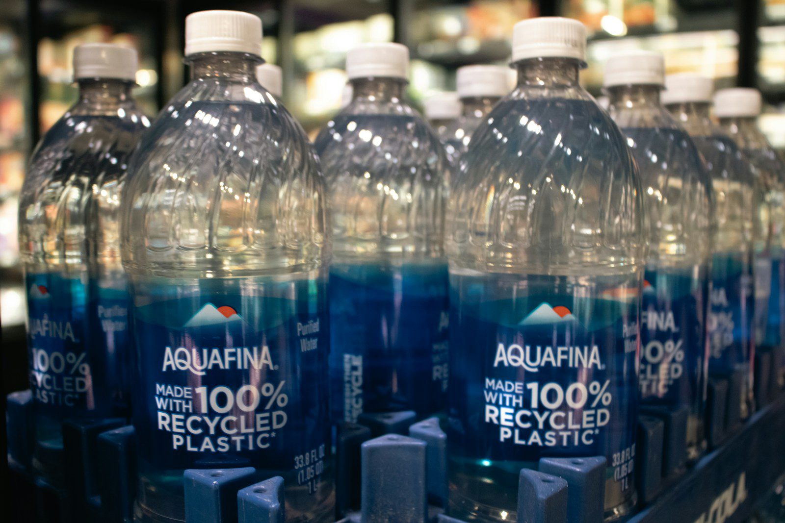 Aquafina water bottles made with recycled plastic.