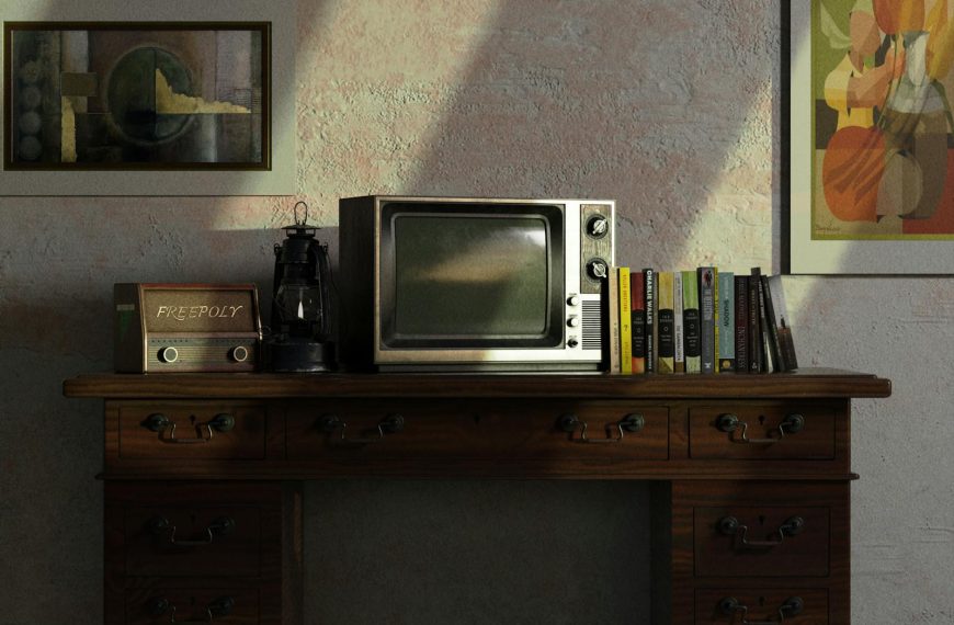 A nostalgic scene featuring a vintage TV and radio on a wooden desk with books and paintings.