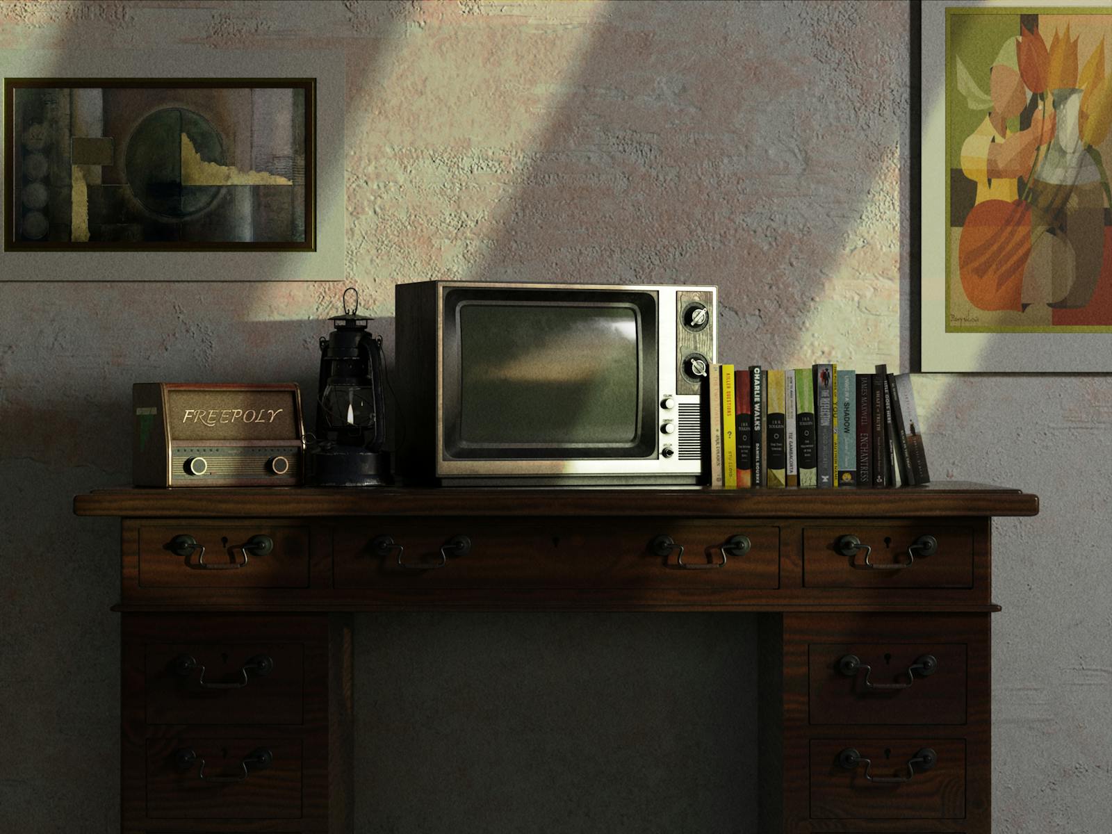 A nostalgic scene featuring a vintage TV and radio on a wooden desk with books and paintings.