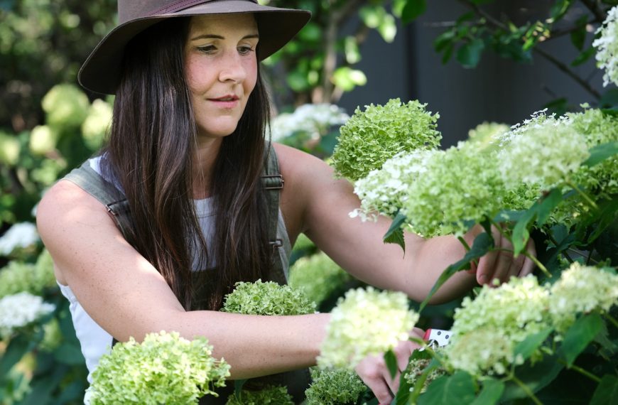 A woman in a hat picking flowers from a bush