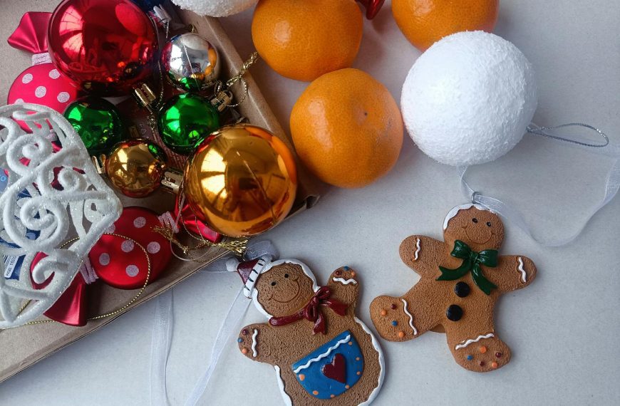 A collection of colorful Christmas ornaments and gingerbread decorations for a festive holiday atmosphere.